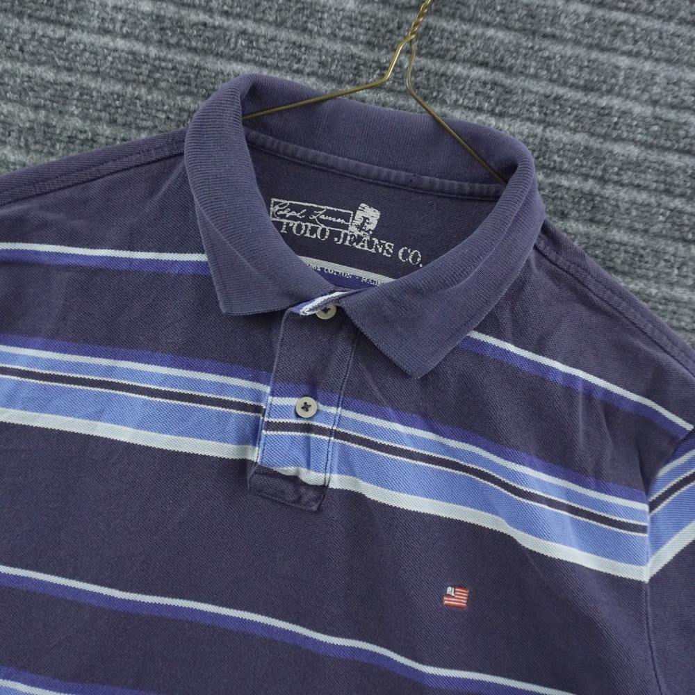 Vintage Ralph Lauren Polo Jeans Co Polo Shirt Mens L Blue Striped Short Sleeve